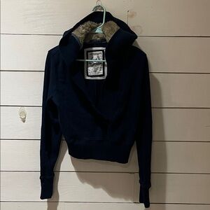 American Eagle Navy Blue Hooded sweater Crop Top with Fur Trim